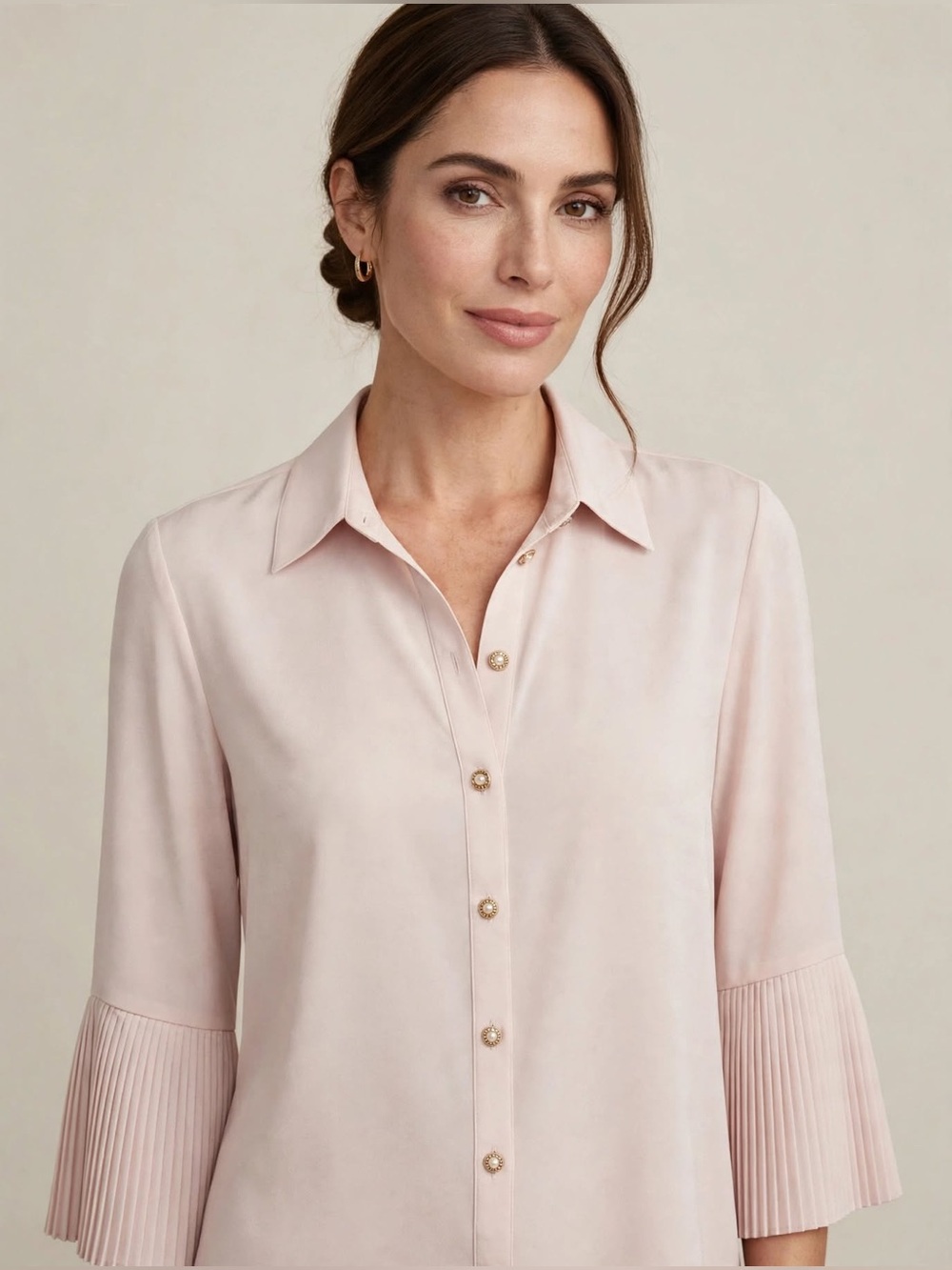 Karl Lagerfeld Paris Blush Pink Blouse Size L- Pleated Bell Sleeve